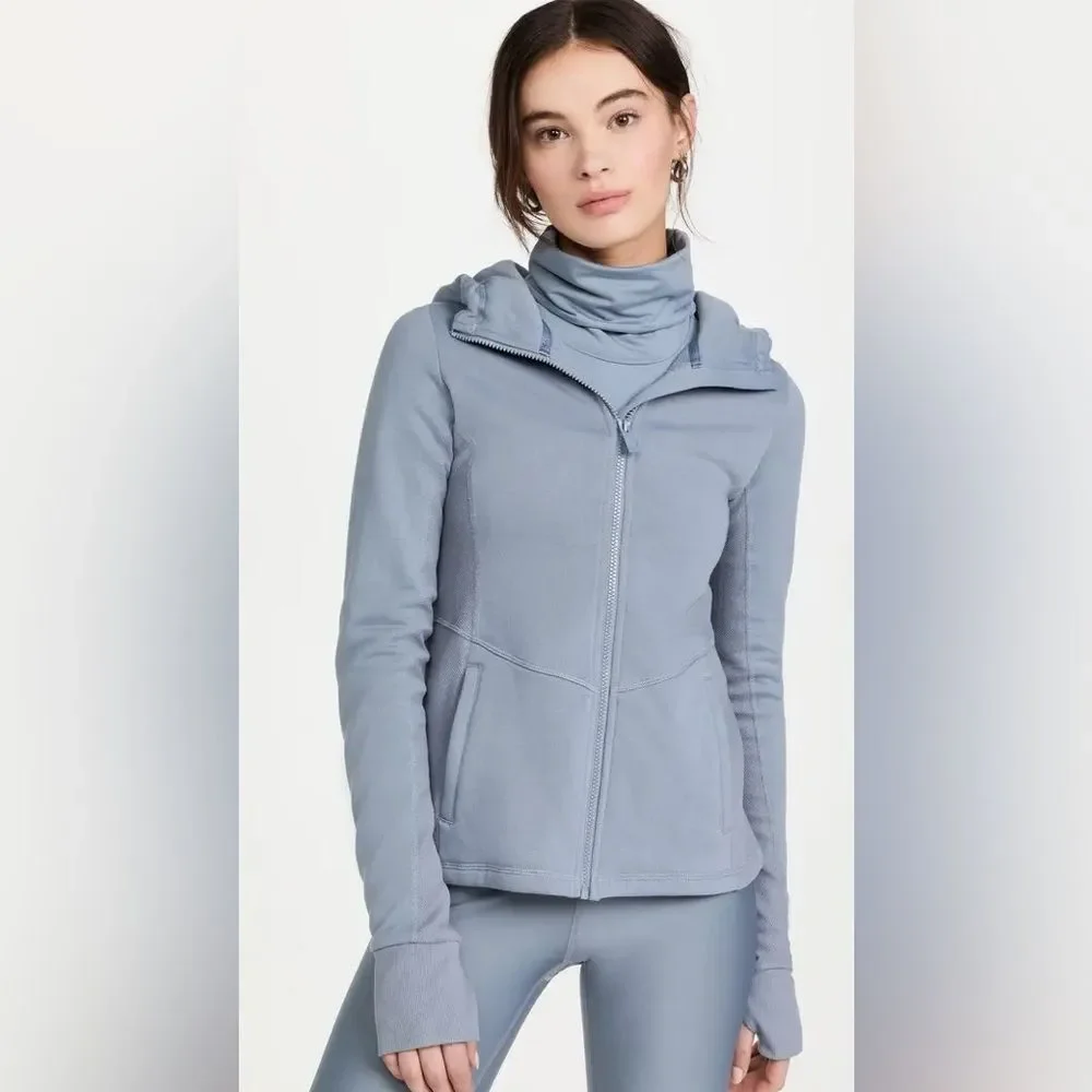ALO YOGA Foundation Zip Hoodie bluish grey color steel blue size Small